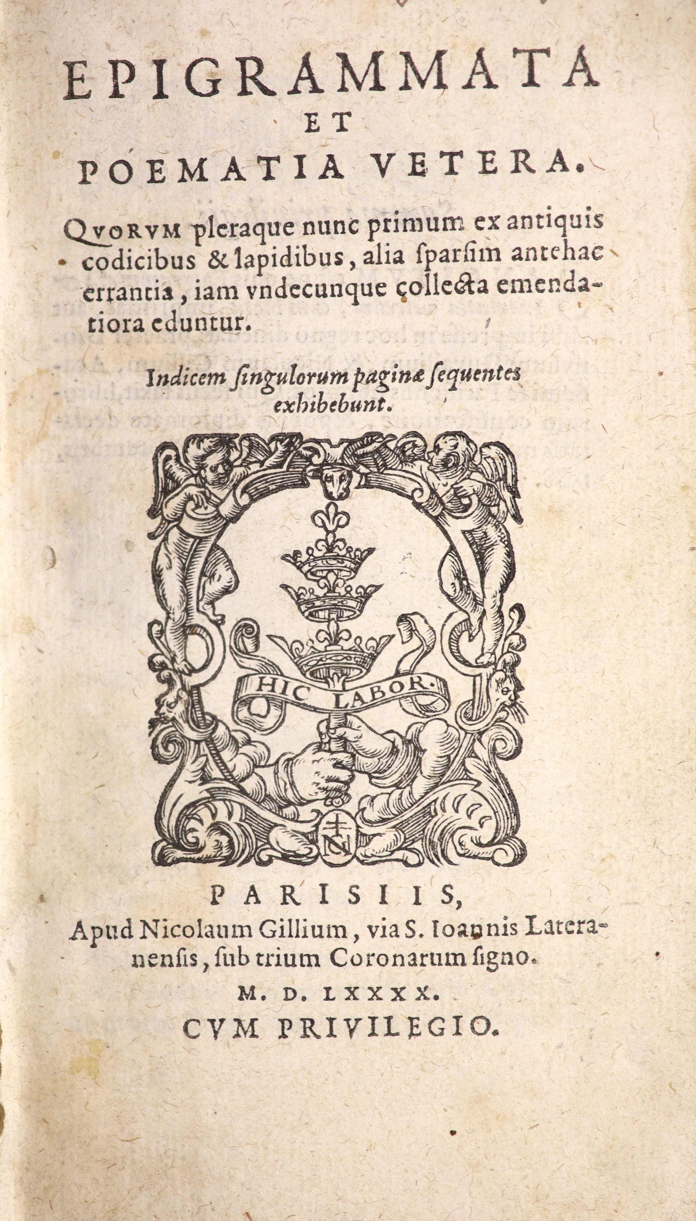Pithou, Pierre (editor) - Epigrammata et Poematia Vetera, 12mo, vellum, title with woodcut cartouche enclosing a sceptre,